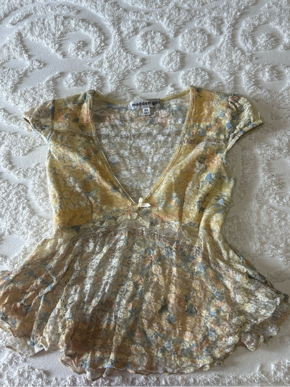Madden Girl Yellow Floral V-Neck Peplum Blouse with Blue Accents